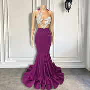 Sexy Sheer O-neck Sleeveless Sparkly Beaded Silver Diamond Mermaid Style Purple Long Prom Dresses