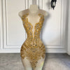 Sexy Sheer See Through Golden Luxury Beaded Crystals Birthday Dress
