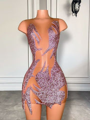 Sexy Sheer See Through Pink Rhinestone Birthday Dress