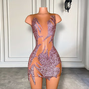 Sexy Sheer See Through Pink Rhinestone Birthday Dress