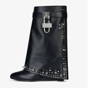 Round Toe Lock Buckle Platform Shark Boots Woman Winter 2022 Black Slip-On Trouser Boot Female White Fashion Shoes for Women