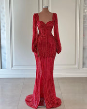 Long Sleeve Evening Dresses Elegant High Slit Sweetheart Red Sequin Formal Evening Gowns