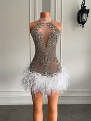 Sparkly Crystal White Feather Mini Dress