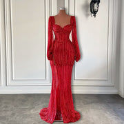 Long Sleeve Evening Dresses Elegant High Slit Sweetheart Red Sequin Formal Evening Gowns