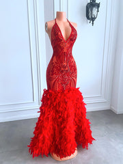 Long Elegant Prom Dresses Real Sexy See Through Sparkly Red Sequined Feather Mermaid Prom Gala Gowns