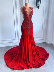 Red Velvet Beaded Mermaid Prom Dress