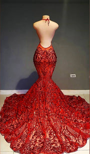 Long Sexy Prom Dress Halter Mermaid Style Backless Sparkly Red Sequin Prom Gala Gowns