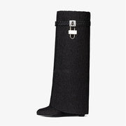 Round Toe Lock Buckle Platform Shark Boots Woman Winter 2022 Black Slip-On Trouser Boot Female White Fashion Shoes for Women