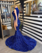 Sexy Mermaid Style High Neck Sheer Mesh Royal Blue Sequin Prom Party Gown