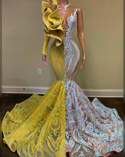 Sexy Long Prom Dresses Single Long Sleeve Yellow and Silver Mermaid Gala Prom Gowns