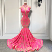 Hot Pink Long Prom Dresses Sexy Sheer O-neck Sleeveless Sparkly Sequin Prom Party Gowns