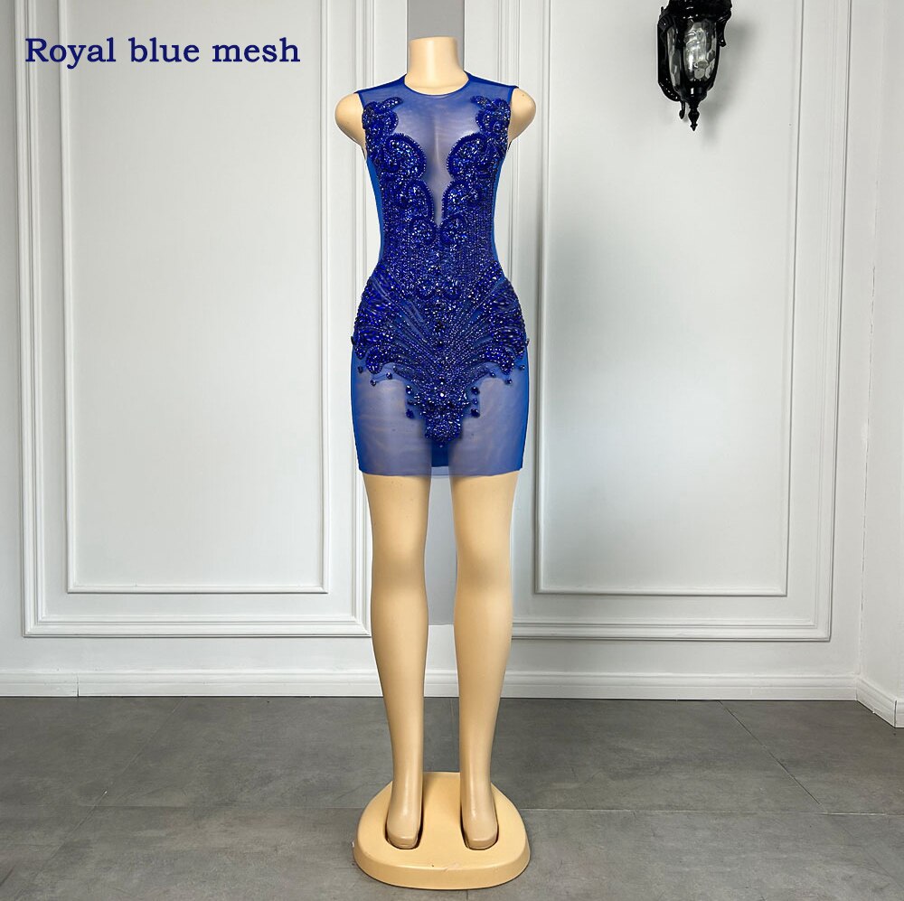 Royal Blue Sparkly Diamond Sexy See Through Birthday Dress – Envious