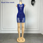 Sheer Sexy See Through Women Birthday Formal Gowns Royal Blue Sparkly Diamond Short Prom Dress