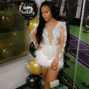 Sparkly Crystals Beaded White Feather Short Prom Dresses Luxury Sheer Long Sleeve Birthday Party Gowns
