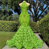 Sparkly Green Lace High Neck Sleeveless Rose Flower Prom Dress