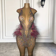 Sparkly Luxury Diamond Women Cocktail Birthday Party Gowns Sexy See Through Feather Short Prom Dresses