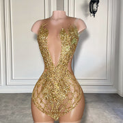 Sparkly Luxury Gold Diamond Rhinestone Birthday Party Gowns Sexy See Through Sheer Mesh Women Short Prom Dresses