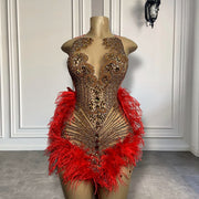 Gold Diamond Red Feather Mini Dress