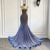 Sparkly Crystals Luxury Light Blue Velvet Sequined Long Prom Dress
