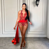 Stunning Red Diamond Sexy See Through Halter Birthday Dress with Train