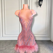 Stunning Sexy See Through Sheer Women Birthday Party Gowns Halter Sparkly Pink Feather Diamond Short Prom Dress