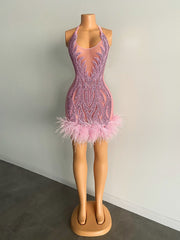 Stunning Sexy See Through Sheer Women Birthday Party Gowns Halter Sparkly Pink Feather Diamond Short Prom Dress
