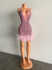 Stunning Sexy See Through Sheer Women Birthday Party Gowns Halter Sparkly Pink Feather Diamond Short Prom Dress