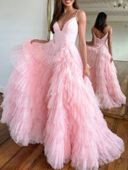 Summer Fashion Pink V-Neck Floor-Length Tulle Long Formal Evening Dresses/Wedding Party Prom Gowns Tiered Pleats