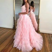 Summer Fashion Pink V-Neck Floor-Length Tulle Long Formal Evening Dresses/Wedding Party Prom Gowns Tiered Pleats