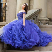 Sweetheart Off The Shoulder Blue Quinceanera Dresses Sequins Beads Tiered Pageant Princess Party Sweet 15 Ball Gown