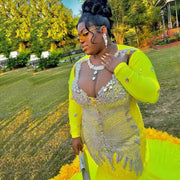 Yellow Sheer Neck Long Sleeves Feathers Bottom Beads Crystals Prom Dress