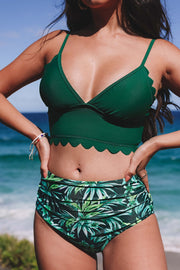 Scolloped Trim Leave Print Ruched High Waisted Bikini Set