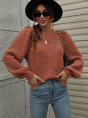 Heathered Long Lantern Sleeve Rib-Knit Sweater