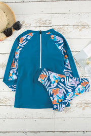 Floral Print Zipper Long Sleeve Surfing Swimwear