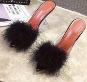 Eilyken Summer Woman Pumps PVC Transparent Feather Perspex Crystal High Heels Fur Peep Toe Mules Slippers Ladies Slides Shoes