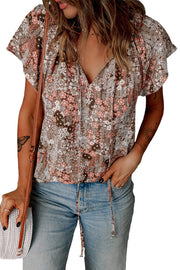 Khaki V-neck Short Sleeve Fashion Print Fantasy Fluttering Blouse