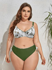 Plus Size Printed V-Neck Drawstring Bikini Set