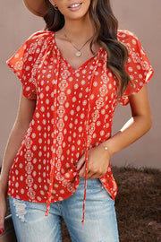 Khaki V-neck Short Sleeve Fashion Print Fantasy Fluttering Blouse