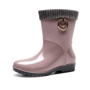 Lady New Women PVC Fur Warm Rain Boots Solid Short Tube Low Heel Female Shoes Adult Waterproof Jelly Rubber Boots Candy Colorghn