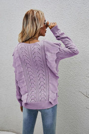 Openwork Round Neck Ruffled Sweater