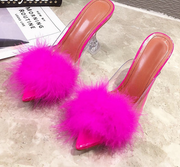 Eilyken Summer Woman Pumps PVC Transparent Feather Perspex Crystal High Heels Fur Peep Toe Mules Slippers Ladies Slides Shoes
