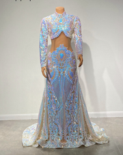 Long Prom Dresses High Neck Long Sleeve Sparkly Colorful Sequined Mermaid Prom Gala Gowns