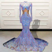 Long Prom Dresses High Neck Long Sleeve Sparkly Colorful Sequined Mermaid Prom Gala Gowns