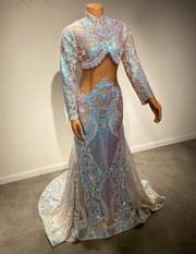 Long Prom Dresses High Neck Long Sleeve Sparkly Colorful Sequined Mermaid Prom Gala Gowns