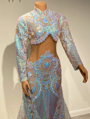 Long Prom Dresses High Neck Long Sleeve Sparkly Colorful Sequined Mermaid Prom Gala Gowns