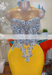 Silver Beaded Long Gold Prom Dress