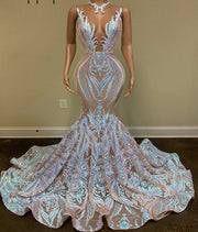 Real Picture Long Sparkly Prom Dresses Sexy Mermaid Style Sheer O-neck Mint Green Prom Gala Party Gowns