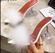 Eilyken Summer Woman Pumps PVC Transparent Feather Perspex Crystal High Heels Fur Peep Toe Mules Slippers Ladies Slides Shoes