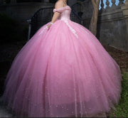 Pearls Tulle Off The Shoulder Princess Dresses For Quinceanera Ball Gown Vestido De 15 Anos Pink Sweet 16 Dresses Gala