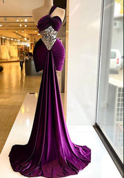 Long Elegant Evening Dress One Shoulder Sparkly Crystals Pleat Purple Velvet Formal Evening Gowns